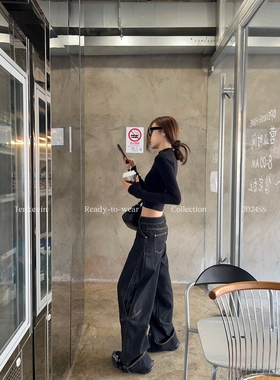 十一石 重工翻边设计 复古高腰直筒阔腿牛仔裤女小个子宽松长裤ll