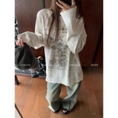 十一石 t恤女小个子宽松内搭打底衫 日落陷阱 水洗做旧印花长袖