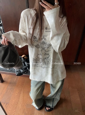 十一石 日落陷阱 水洗做旧印花长袖t恤女小个子宽松内搭打底衫ll