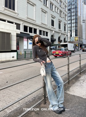 十一石 期待春夏！破洞直筒窄版牛仔裤女小个子宽松低腰微喇裤ll