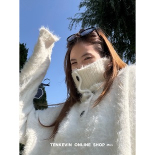 十一石 冬日氛围王者！韩系立领纽扣套头毛衣女宽松长袖上衣