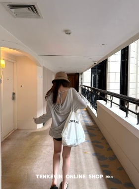 十一石 慵懒天花板 绑带露背防晒长袖T恤女宽松显瘦凉感上衣罩衫