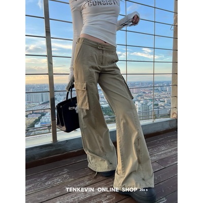 复古水洗显瘦口袋微喇工装裤