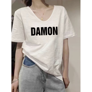 t恤夏季 纯棉女装 新款 通勤印花大码 上衣 小众时尚 白色竹节棉v领短袖