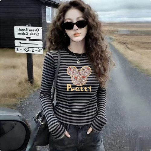 撞色条纹长袖t恤女秋季新款洋气减龄修身显瘦打底衫德绒内搭上衣