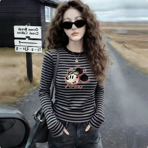 撞色条纹长袖t恤女秋季新款时尚百搭修身显瘦打底衫德绒内搭上衣