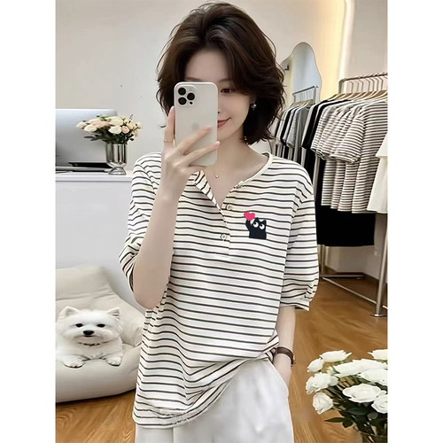 条纹撞色圆领短袖t恤女夏季新款时尚大码宽松胖mm纽扣设计感上衣