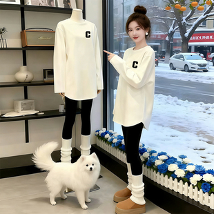 时尚 中长款 女秋冬新款 长袖 减龄宽松设计感开叉德绒保暖上衣 打底衫