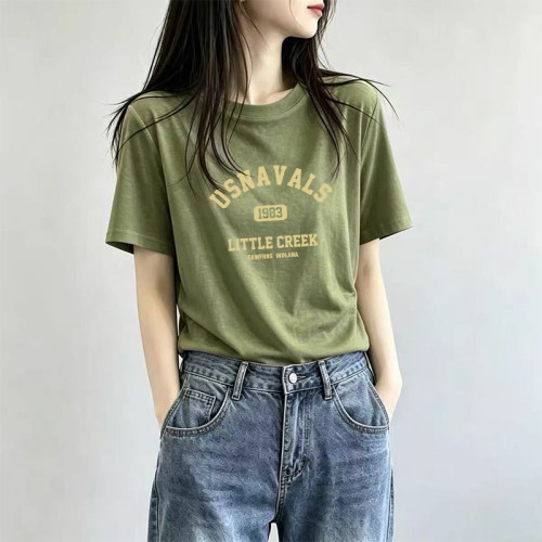 青苔绿雪花棉圆领短袖t恤女夏季新款洋气通勤大码宽松打底衫上衣