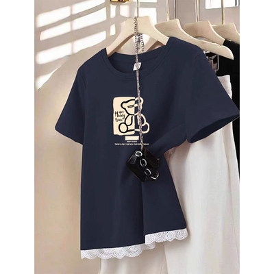 2026夏季新款正肩圆领短袖t恤女洋气休闲修身设计感撞色花边上衣