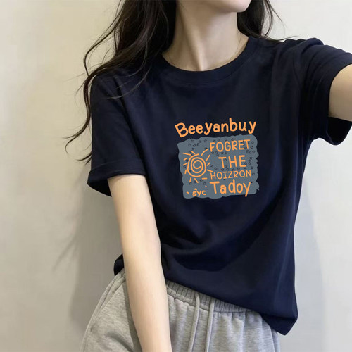 藏青色纯棉圆领短袖t恤女夏季新款时尚洋气大码宽松显瘦半袖上衣