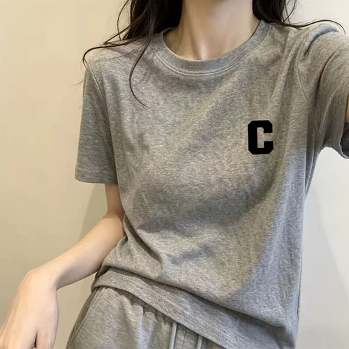 夏季新款纯棉圆领短袖t恤女简约休闲大码宽松显瘦浅灰色半袖上衣
