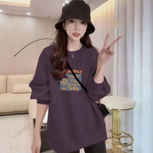 加绒韩版 秋冬新款 遮屁股女装 卫衣休闲宽松显瘦中长款 上衣 圆领长袖