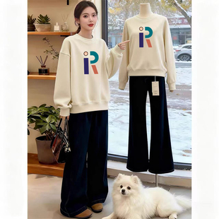 宽松小个子加厚外套 加绒设计感卫衣小众减龄大码 秋冬新款 圆领长袖