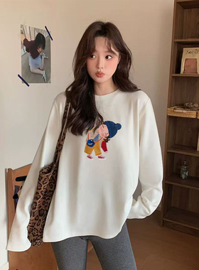 白色中长款圆领打底衫长袖女秋冬新款百搭宽松设计感德绒保暖外套