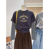 2026新款 上衣 设计感打底衫 圆领撞色拼接长袖 t恤女假两件宽松大码