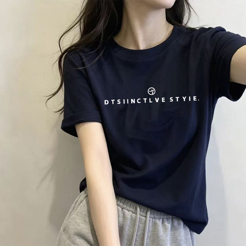 夏季新款纯棉圆领短袖t恤女减龄百搭大码宽松藏青色显瘦半袖上衣