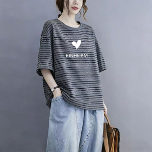 撞色条纹圆领短袖 新款 纯棉洋气大码 宽松胖mm设计感上衣 t恤女夏季