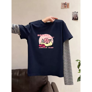 大码 t恤女士时尚 宽松内搭胖mm上衣 撞色拼接纯棉圆领长袖 春秋新款