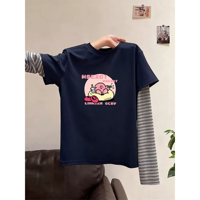 春秋新款撞色拼接纯棉圆领长袖t恤女士时尚大码宽松内搭胖mm上衣