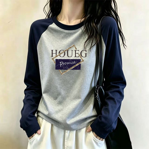 秋季新款撞色圆领长袖t恤女时尚百搭大码宽松纯棉插肩打底衫上衣