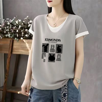 假两件撞色纯棉圆领短袖T恤女夏季新款洋气宽松拼接设计感ins上衣