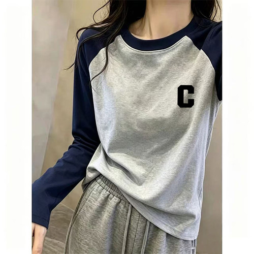 早秋新款纯棉撞色插肩圆领长袖t恤女洋气休闲大码宽松打底衫上衣