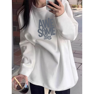 女秋冬新款 长袖 洋气宽松设计感胖mm德绒保暖外套 圆领打底衫 中长款