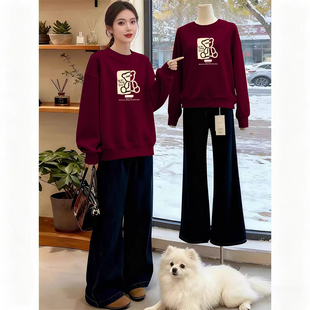 宽松加厚套头外套 加绒设计感卫衣女洋气减龄大码 秋冬新款 圆领长袖