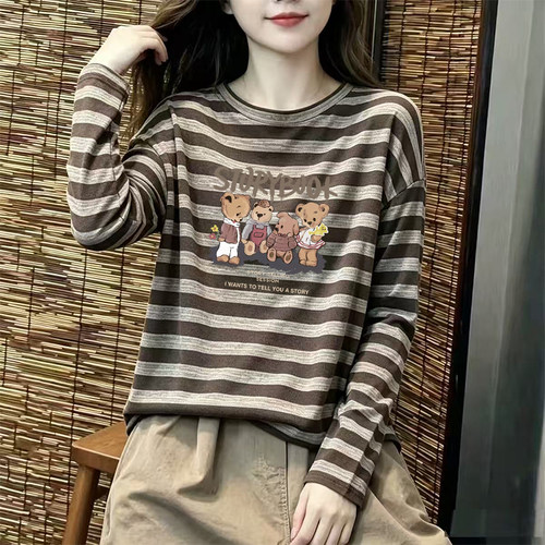 秋冬新款撞色条纹长袖t恤女时尚百搭大码宽松磨毛加厚圆领打底衫