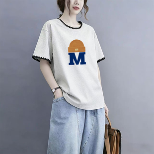 新款 韩版 纯棉圆领拼接短袖 t恤2026夏季 宽松上衣 减龄百搭胖mm大码