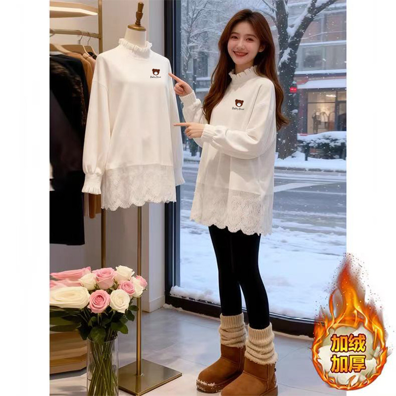 中长款蕾丝花边拼接圆领长袖T恤秋冬新款洋气宽松德绒磨毛打底衫
