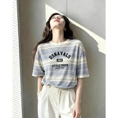 撞色条纹短袖t恤女装夏季新款洋气休闲圆领宽松显瘦胖mm韩版上衣