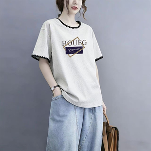小众纯棉圆领拼接短袖 新款 减龄百搭胖mm大码 宽松上衣 t恤2026夏季