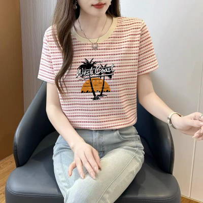 夏季新款撞色条纹纯棉圆领短袖t恤女洋气百搭大码宽松打底衫上衣