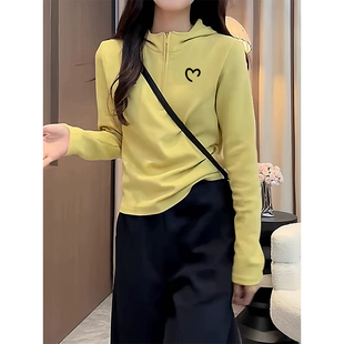 加绒上衣 显瘦设计感打底衫 半拉链双面德绒连帽卫衣女秋冬新款 修身