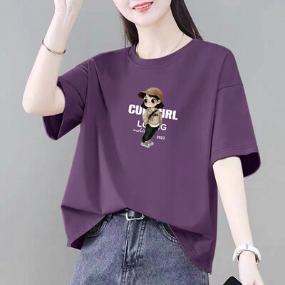 纯棉短袖t恤女士夏季2025新款大码胖mm宽松显瘦洋气减龄圆领上衣