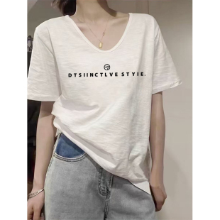 纯棉女装 白色竹节棉v领短袖 小众洋气休闲印花大码 新款 上衣 t恤夏季