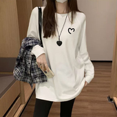 白色纯棉圆领长袖 上衣 中长款 T恤女2026新款 减龄宽松设计感打底衫