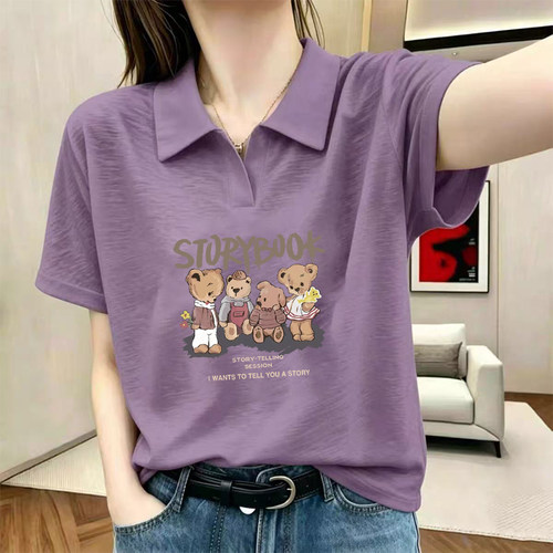 夏季新款POLO领竹节棉短袖t恤女洋气休闲胖mm大码宽松设计感上衣