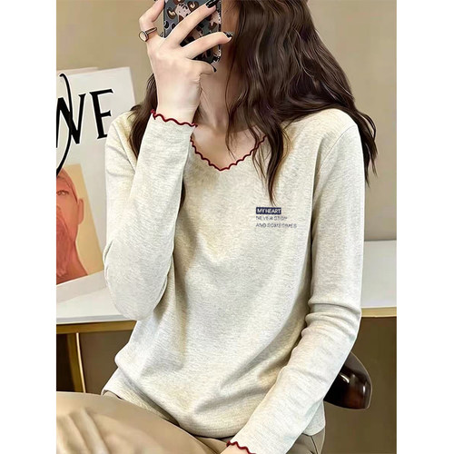 撞色拼接V领长袖t恤女秋季新款时尚洋气修身显瘦木耳边打底衫上衣