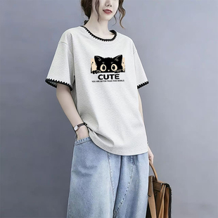洋气胖mm大码 韩版 宽松上衣 时尚 新款 纯棉圆领拼接短袖 t恤2026夏季