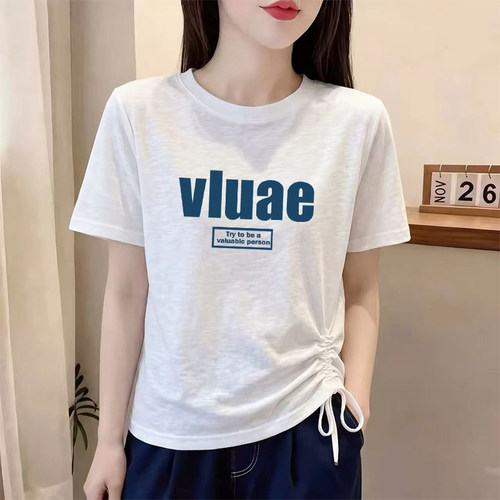 白色抽绳褶皱圆领T恤女装夏季新款时尚百搭大码宽松显瘦薄款上衣