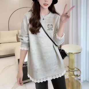 中长款 2026新款 宽松打底衫 T恤女时尚 上衣 纯棉圆领花边设计感长袖