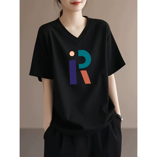 宽松显瘦打底衫 黑色纯棉V领短袖 上衣 减龄大码 新款 t恤女装 2026夏季
