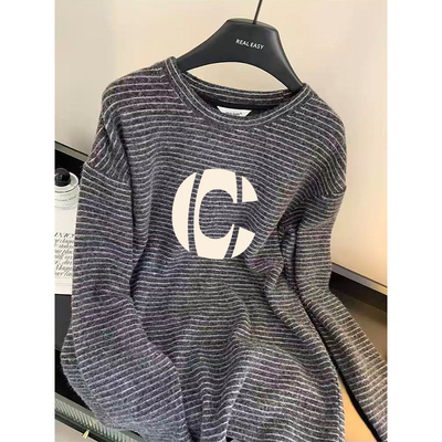 撞色条纹圆领长袖女2026新款宽松设计感打底衫德绒保暖中长款上衣