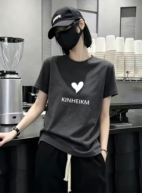 深花灰色纯棉圆领短袖t恤夏季新款减龄百搭胖mm大码宽松半袖上衣