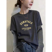 圆领撞色拼接长袖 上衣 设计感打底衫 t恤女2026新款 假两件宽松大码