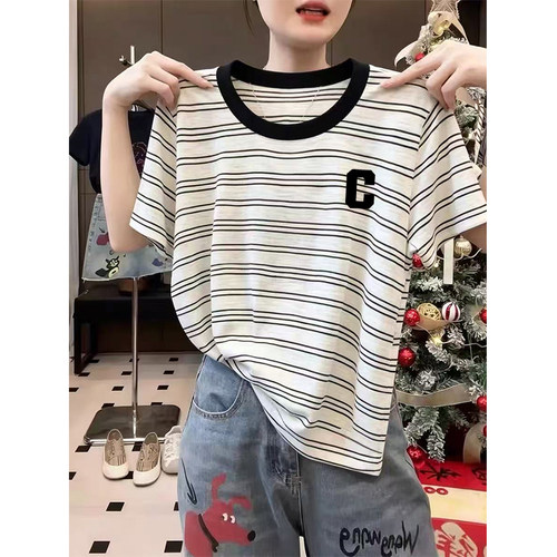 夏季新款撞色条纹圆领短袖t恤女时尚减龄大码宽松显瘦打底衫上衣