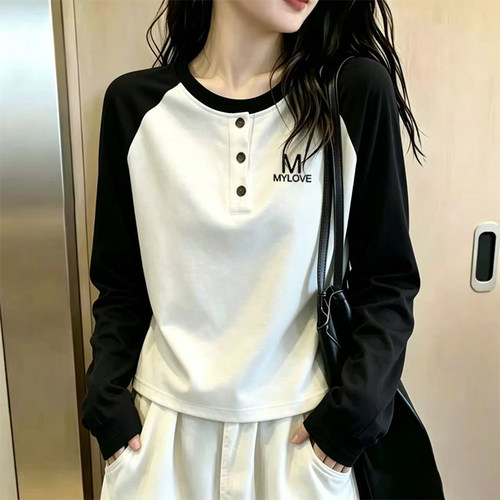 秋季新款撞色插肩纯棉长袖t恤女减龄大码宽松圆领纽扣打底衫上衣